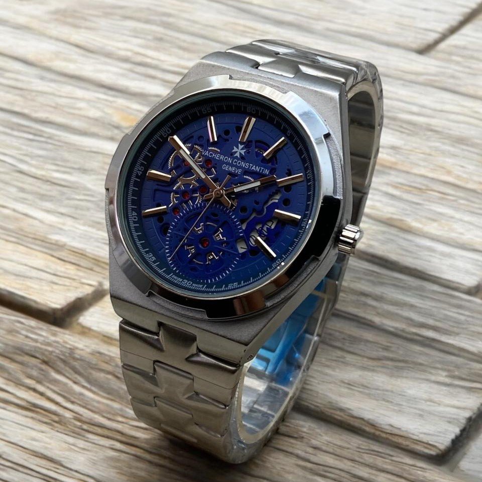 Men's Luxury Skeleton Automatic Watch | Royal Blue Dial | Stainless Steel Chain